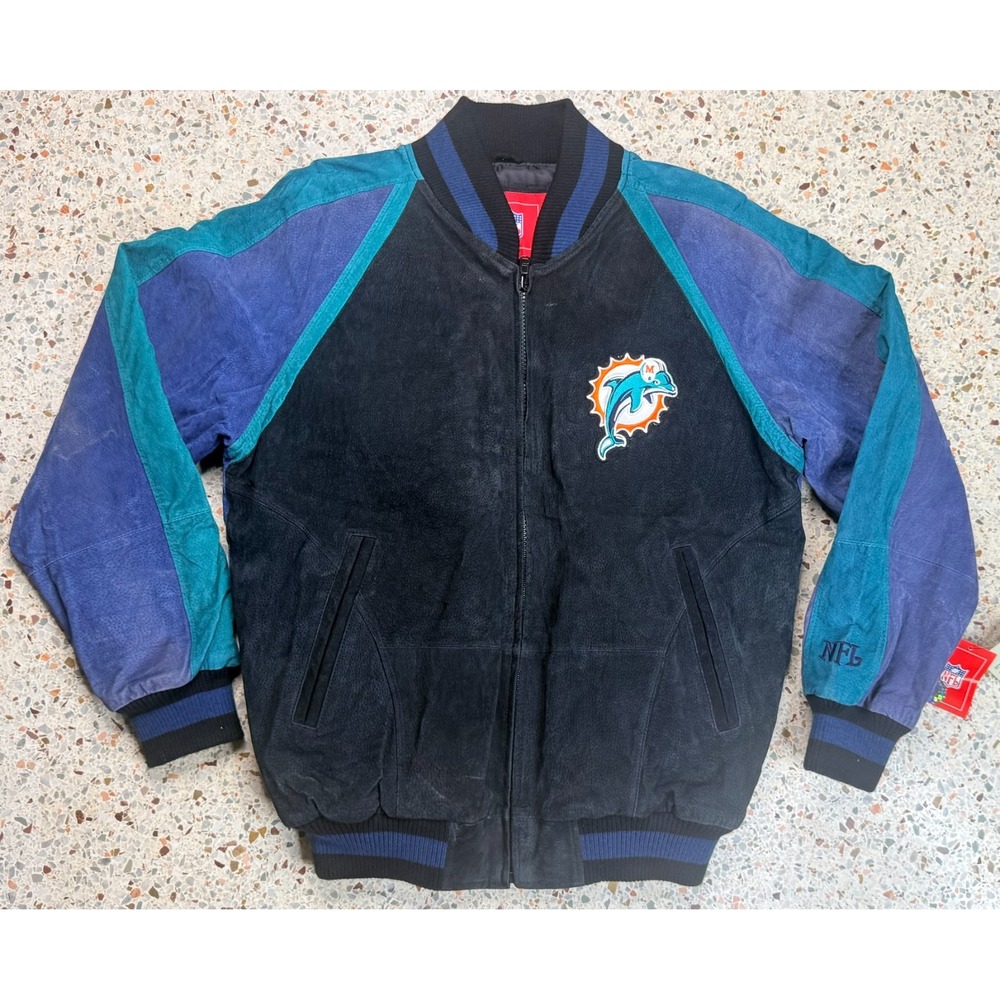NFL Miami Dolphins Full Zip Vtg Embroidered Suede Varsity Jacket Size Medium
